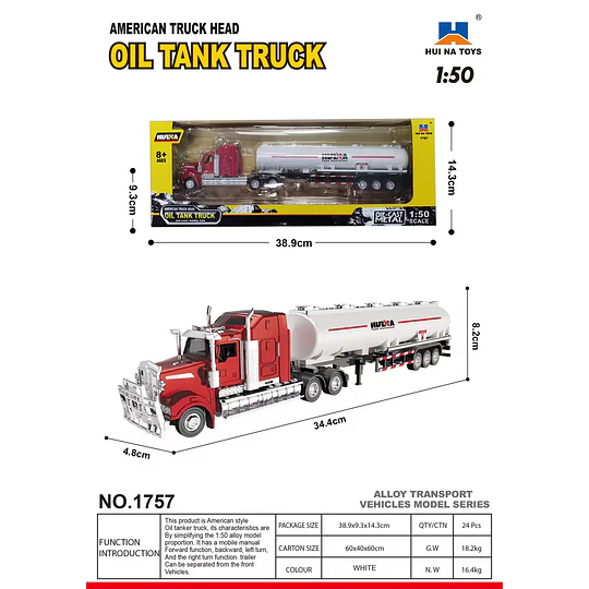 Huina 1757: Camión Cisterna (American Fuel Tanker Truck) Metálico - Escala 1:50 Die-Cast