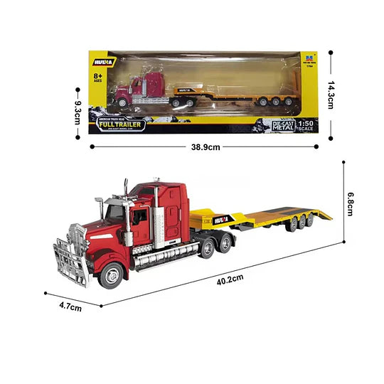 Camión Americano con Trailer de Plataforma Baja Huina (Escala 1:50) - ¡La Maestría del Transporte Pesado en tu Colección!
